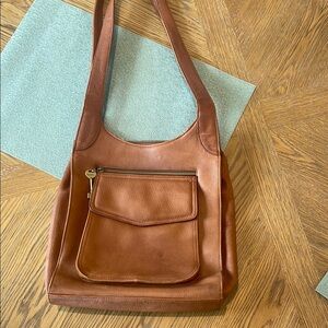 Brown Distressed Leather Vintage Fossil 1954 Key Shoulder Bag.